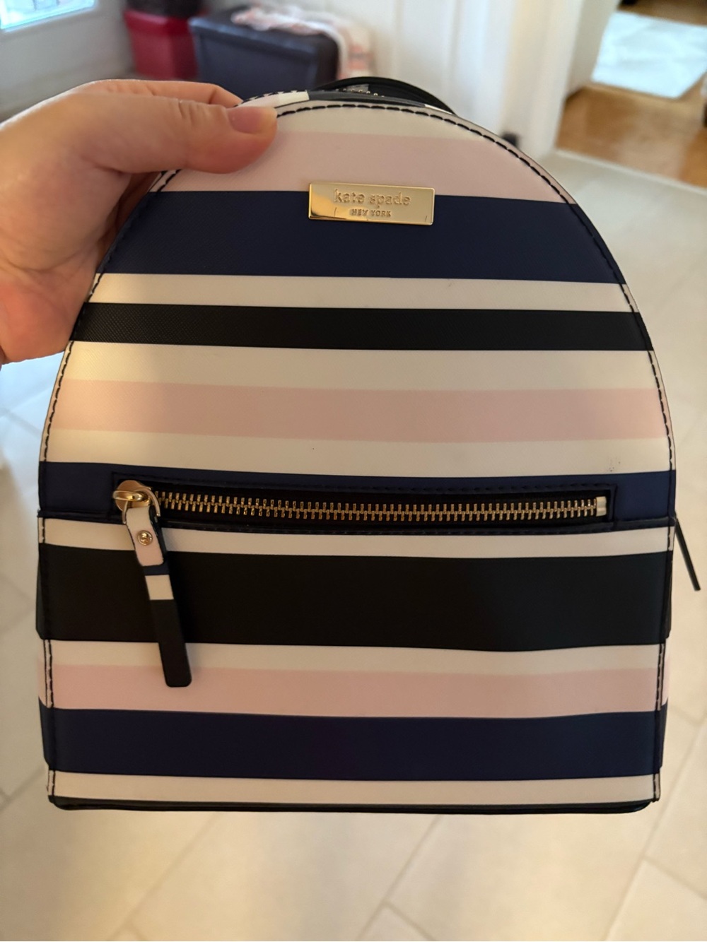 Kate Spade New York Striped Saffiano Leather Mini Backpack Navy Black Pink